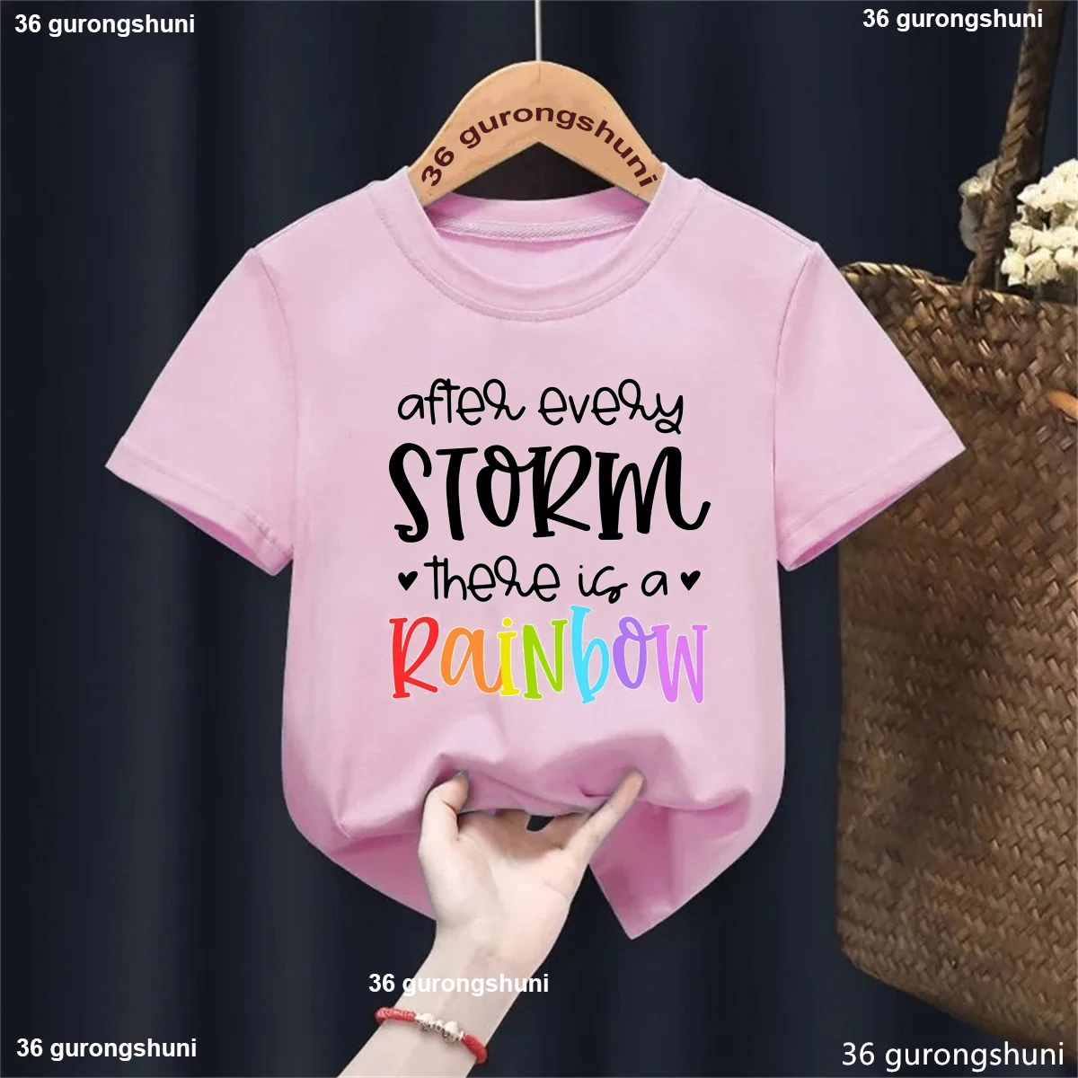 After Every Storm These Is A Rainbow Letter Printed Tshirt Girls/Boys Funny Kawaii Kids Clothes Harajuku Shirt Solid T-Shirt - imagen 3