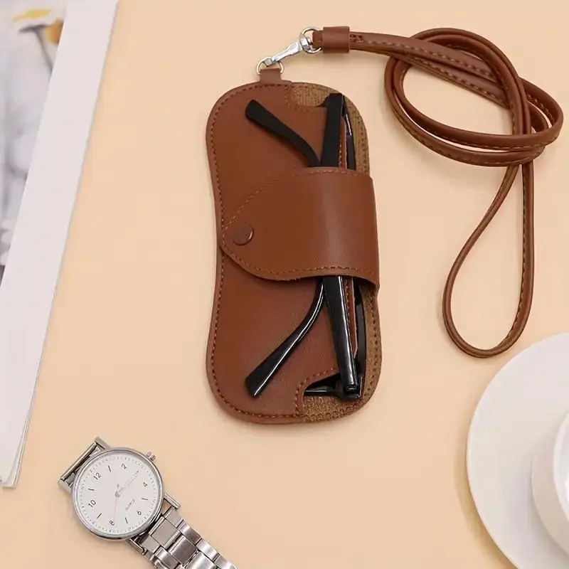 Estuche para gafas de sol para hombre y mujer, traje de cuero PU, soporte para gafas colgante para el cuello, funda portátil con cordón para viajes de negocios