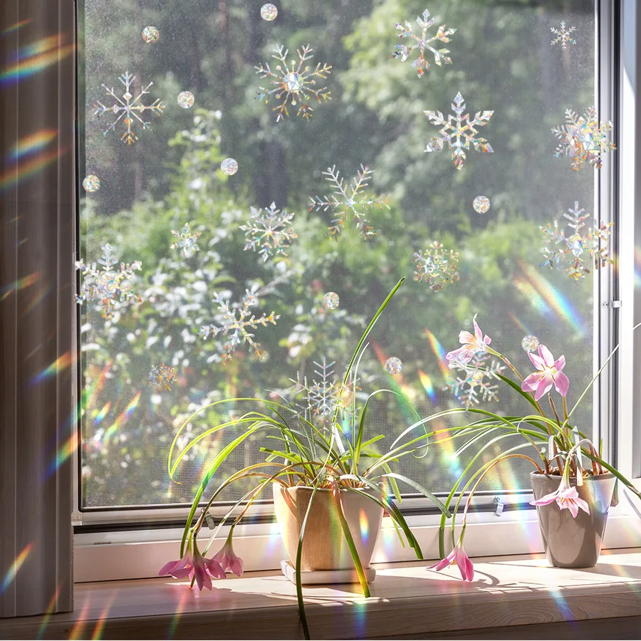 Pegatinas navideñas para ventana, deslumbrantes pegatinas electrostáticas para ventana, prisma de arcoíris, copo de nieve, muñeco de nieve, pegatinas para ventana de vidrio - imagen 5