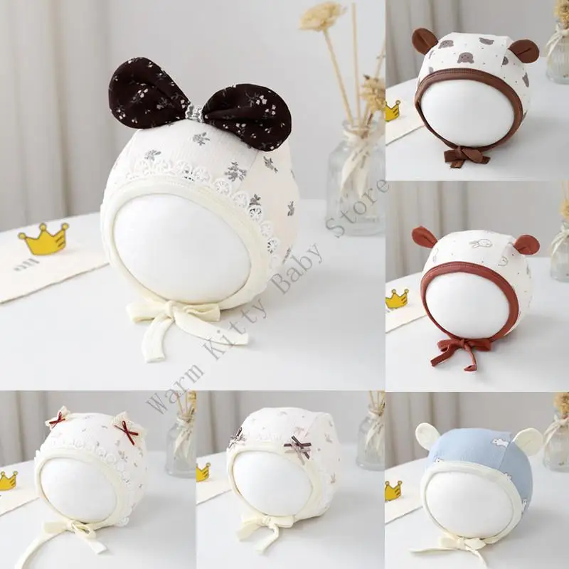 Nuevo oso de dibujos animados accesorios de fotografía recién nacido gorros gorra ajustable de encaje Floral bebé sesión de fotos sombrero capó para bebé de 0 a 5 meses