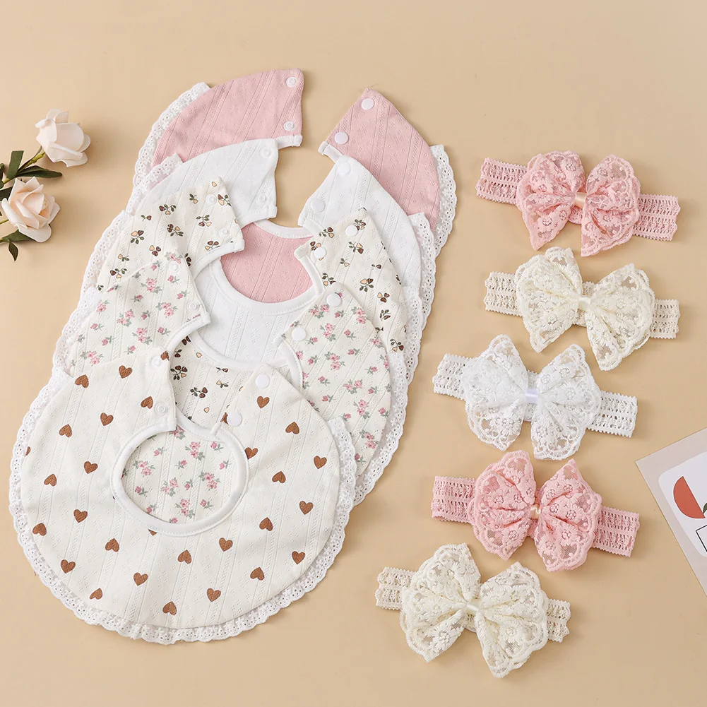 2 unids/set princesa niñas diademas con lazo de encaje estampado de flores Baberos para bebé recién nacido Corea Vintage botón Saliva toalla alimentación paños para eructar