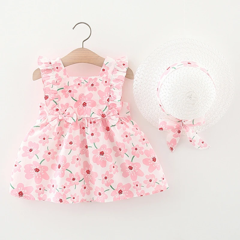 Conjuntos de 2 piezas de vestidos de verano para niñas, moda coreana, vestido rosa sin mangas bonito de princesa para bebés, vestido de flores + sombrero para el sol, ropa para recién nacidos BC185