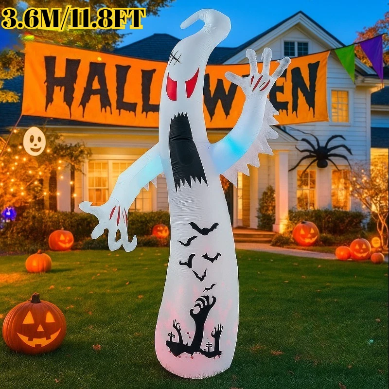 Decoraciones inflables de Halloween de 11,8 pies, decoración modelo fantasma con luces LED para Halloween, patio al aire libre, jardín, césped, accesorios aterradores