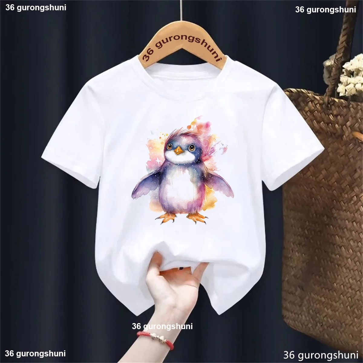 Camiseta con estampado de pingüino de acuarela para niñas/niños, camiseta divertida de pájaros/búho, ropa Kawaii para niños, camisa Harajuku, ropa para niños