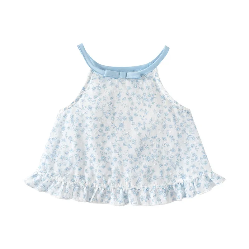 Conjunto veraniego niña camiseta sin mangas algodón lazo pantalón azul - imagen 4