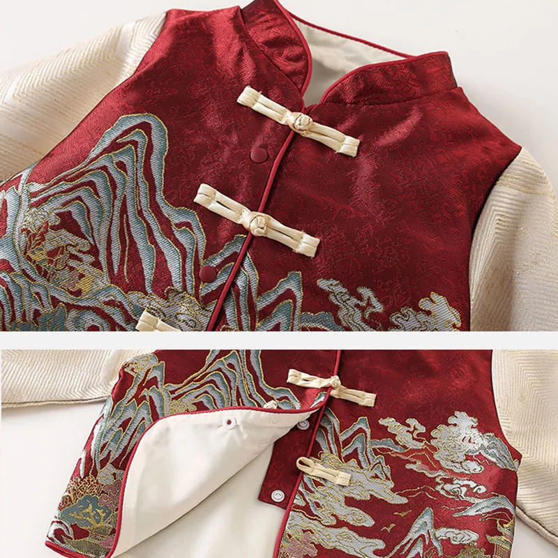 Conjuntos de 3 uds. De disfraces de otoño, ropa para bebé, Tops de manga larga de lana con estampado rojo de estilo chino, pantalones y sombrero, ropa de Boutique para niños B262 - imagen 4