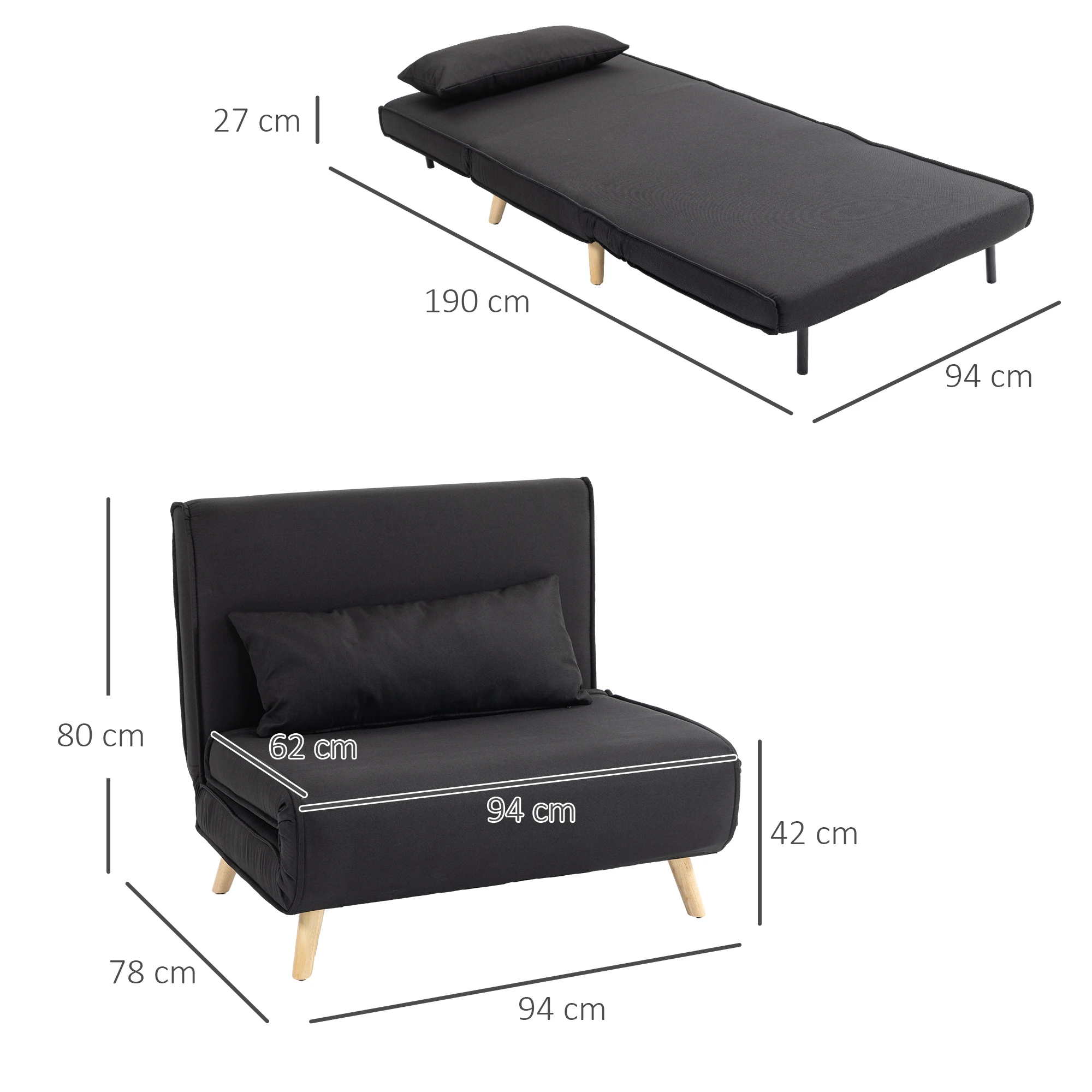 HOMCOM Sofá Cama Individual 3 en 1, Sillón Cama Plegable con Respaldo Ajustable en 6 Posiciones, Asiento Amplio, Almohada Acolchada, Patas de Madera, Carga 350 kg, 94x78x80 cm, Negro - imagen 2