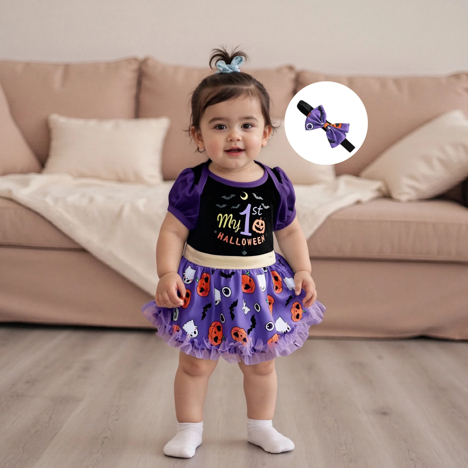 SUNSIOM Traje para niña recién nacida, vestido mameluco con estampado de fantasma de calabaza y letras de manga corta con diadema, ropa de Halloween - imagen 3