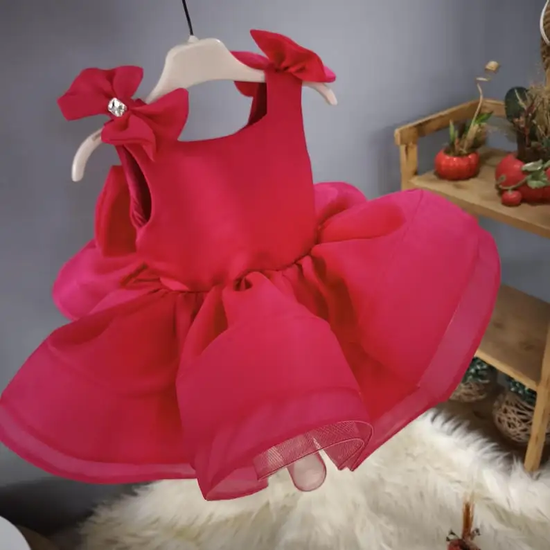 Vestido rojo hecho a mano para niñas: vestido para ocasiones especiales con detalle de lazo para fiesta de boda - imagen 2