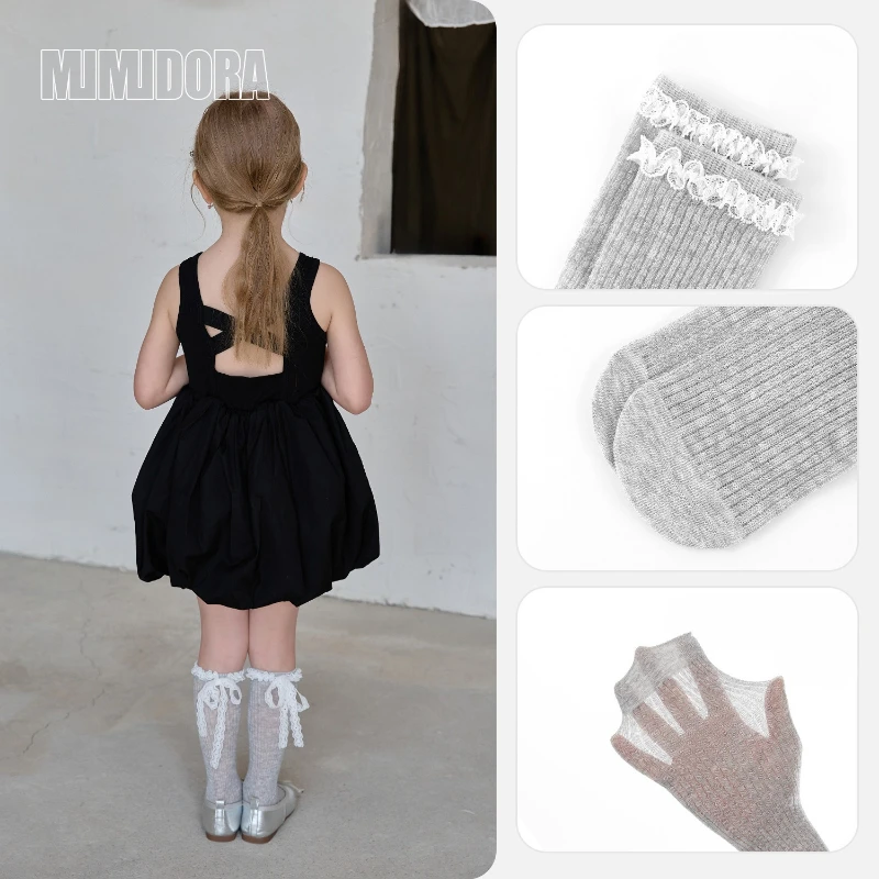 1 par de calcetines de malla de verano para niños y niñas, calcetines sencillos a la moda con volantes para niños, calcetines escolares finos y transpirables de algodón suave con lazo - imagen 2