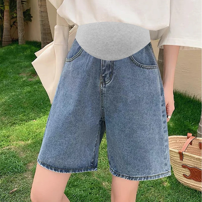 Pantalones cortos de mezclilla para mujeres embarazadas, cinturón ajustable, pantalones sueltos de verano para el vientre, pantalones vaqueros de cintura alta, pantalones casuales de maternidad