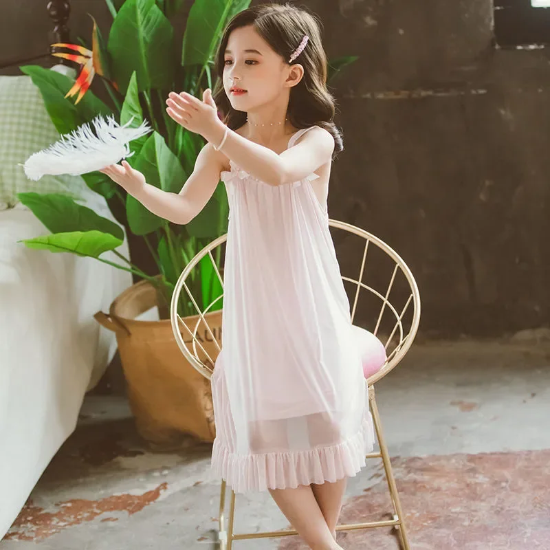 Camisón de manga corta de verano para niñas, camisón dulce y bonito de estilo Retro para niños, camisón decorativo con lazo, ropa de casa fina - imagen 4