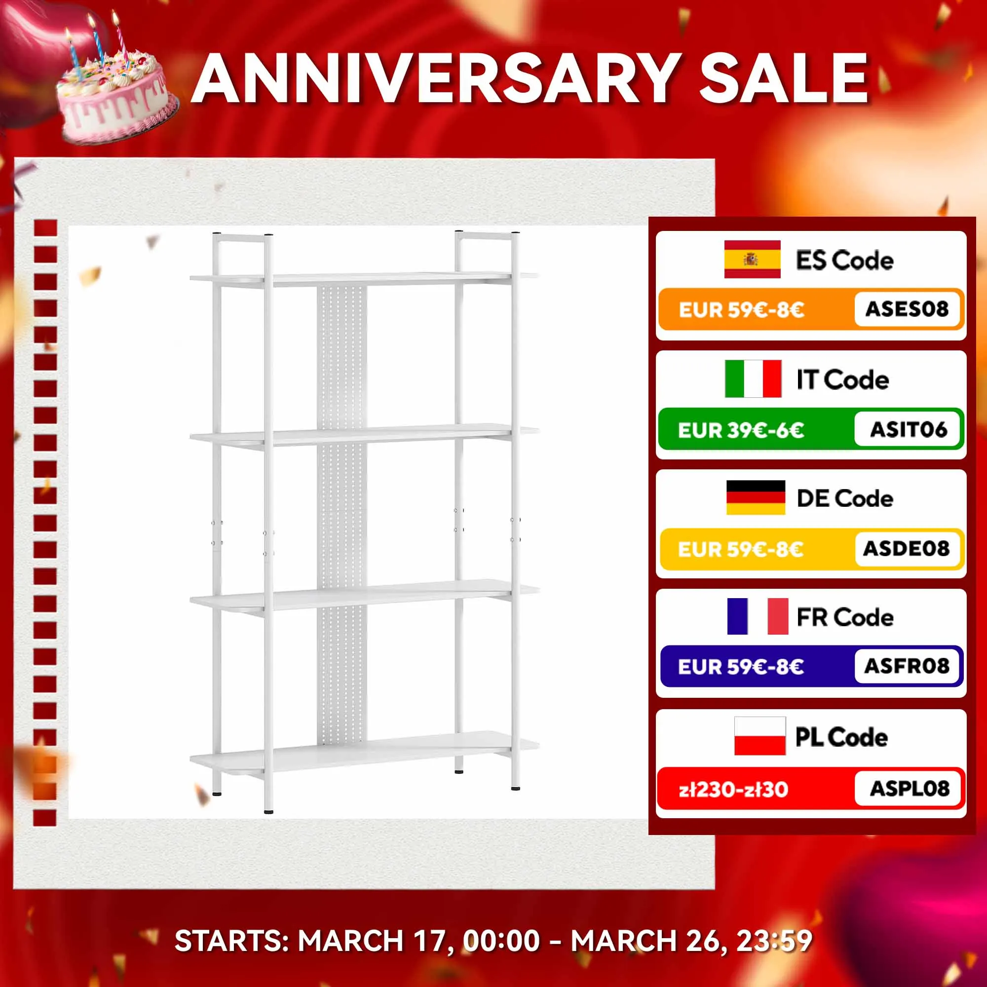 HOMCOM Estantería de 4 Niveles Estantería Librería con Panel Perforado y Marco Metálico Estantería Estrecha para Sala de Estar Estudio Dormitorio Oficina Blanco