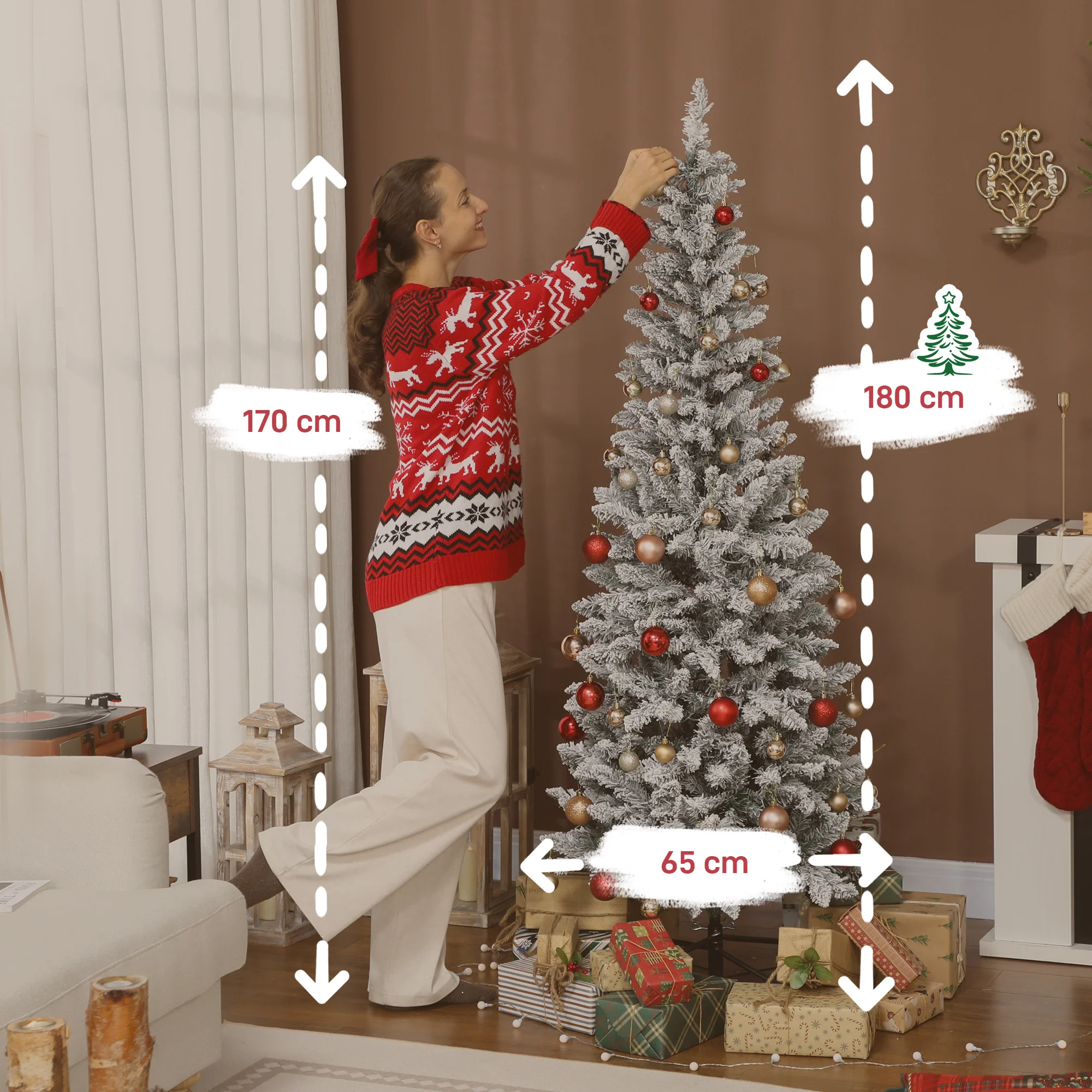 HOMCOM Árbol de Navidad Estrecho, Árbol de Navidad Nevado con Luces LED Bicolores, 11 Modos de Iluminación, Soporte Metálico, Fácil de Montar, Verde - imagen 4