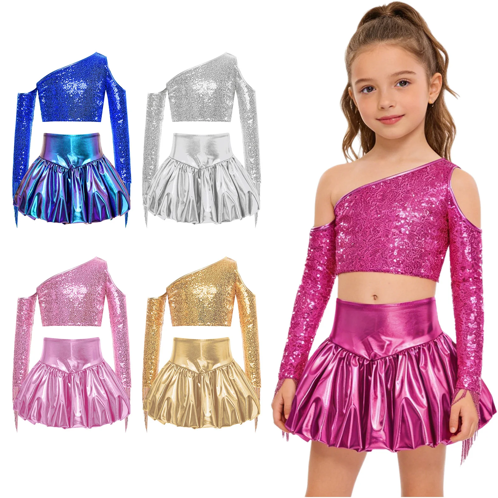 Traje de porrista brillante para niña – top corto y falda burbujeante - imagen 5