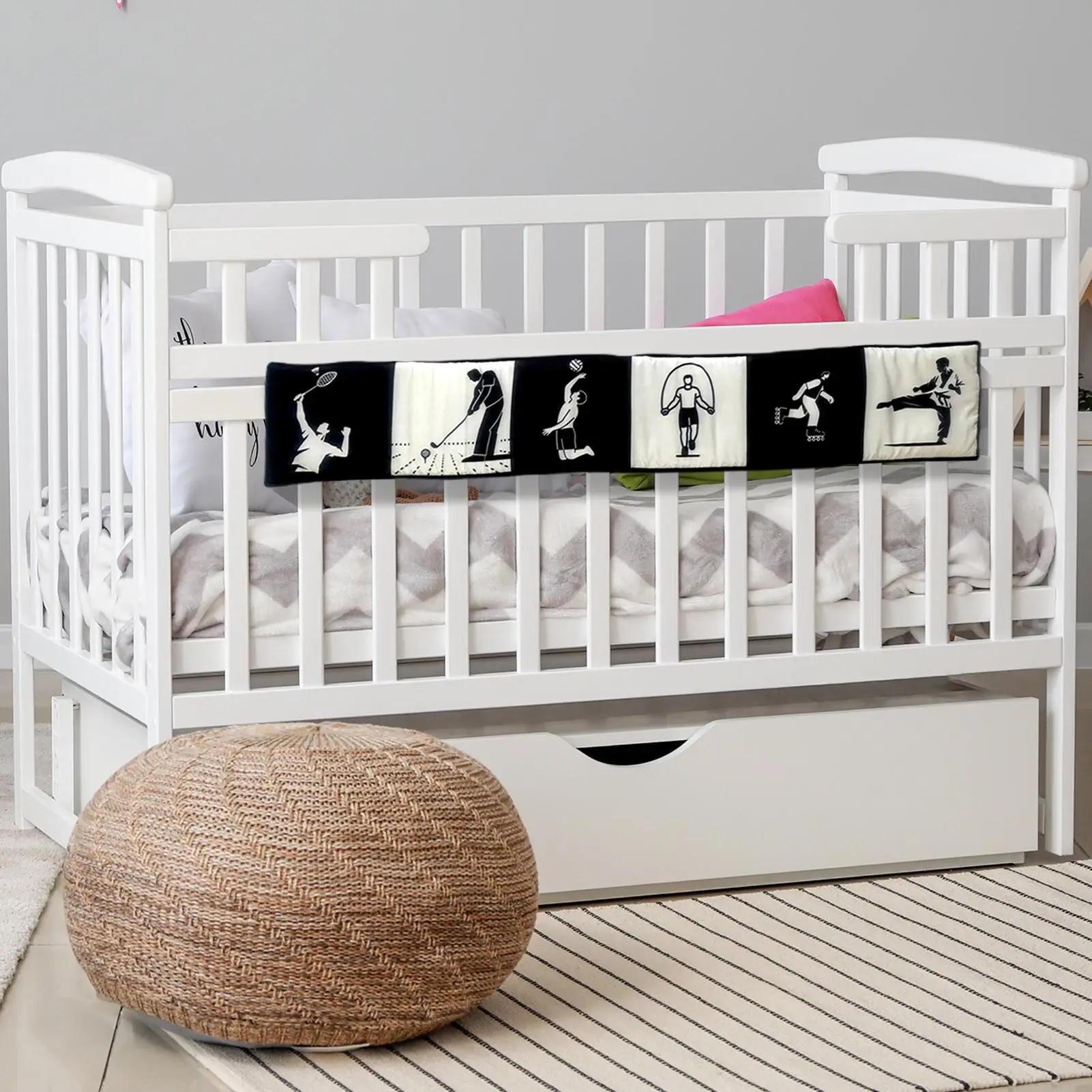 Parachoques para cuna de bebé, suministros para bebé, parachoques para cuna transpirable con patrones en blanco y negro para edades de 0 a 36 meses, parachoques para cama de agarre - imagen 2