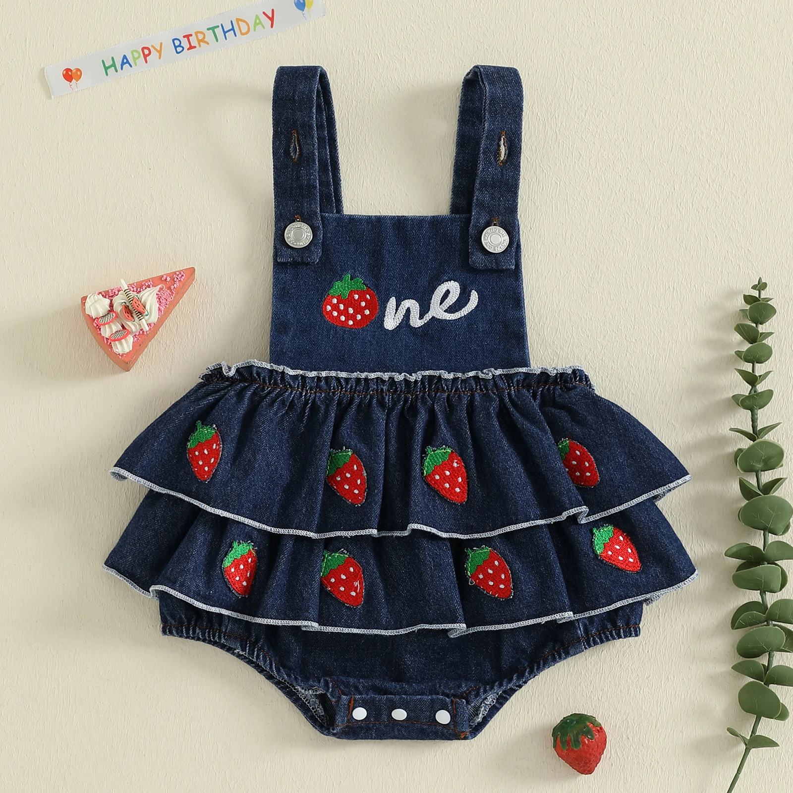 Mono de cumpleaños de mezclilla para niña de 0 a 18 meses, peleles escalonados con bordado de fresa sin mangas