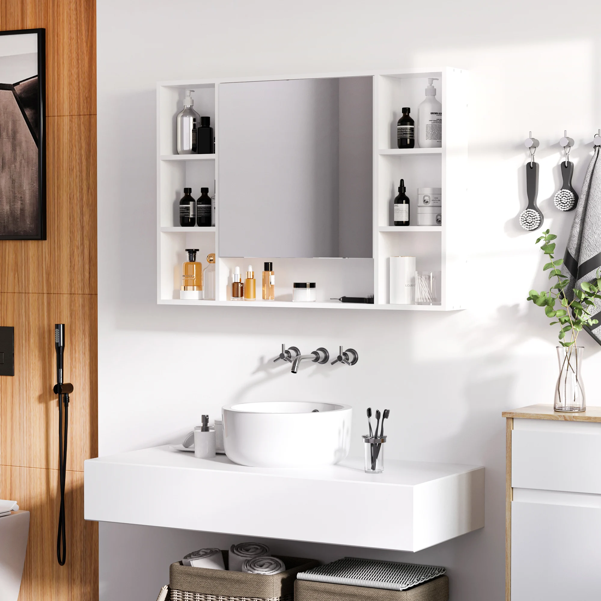kleankin Armario de Baño con Espejo Armario de Pared Mueble de Baño Colgar con Puerta Estantes Abiertos 100x15x70 cm Blanco