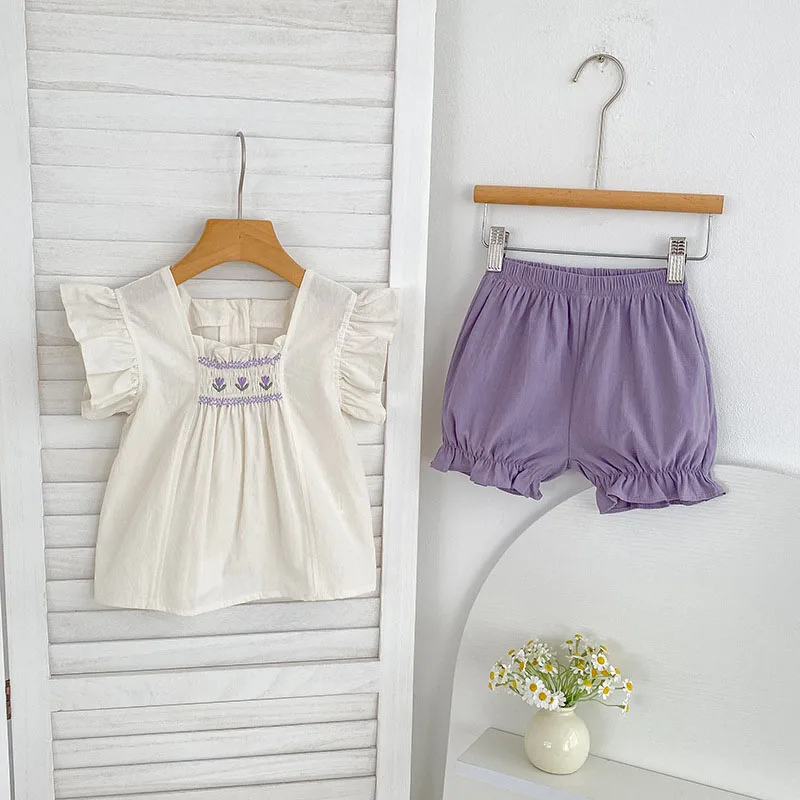 MILANCEL, nuevo conjunto de ropa de verano para bebés de 0 a 24 meses, camisa bonita con bordado de flores para niñas y pantalones cortos, traje fino y cómodo para niños pequeños, 2 uds. - imagen 4