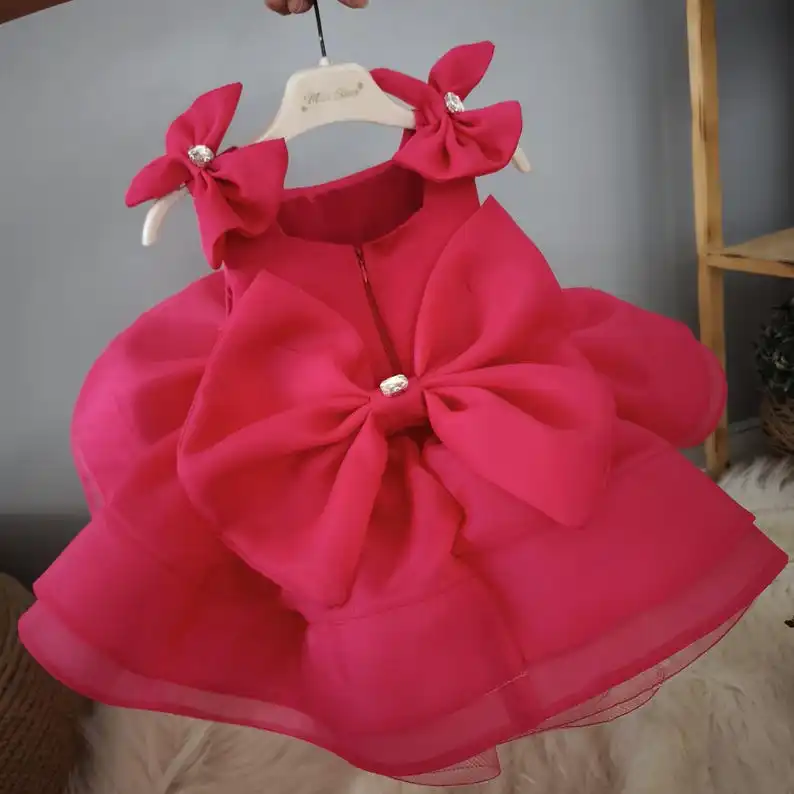 Vestido rojo hecho a mano para niñas: vestido para ocasiones especiales con detalle de lazo para fiesta de boda - imagen 4