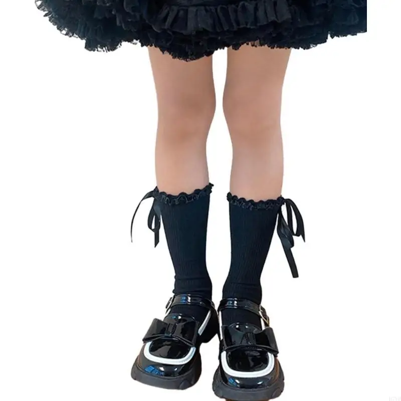 D7YD calcetines vestir para niños para otoño calcetines elásticos con borde volante hasta rodilla calcetines - imagen 3