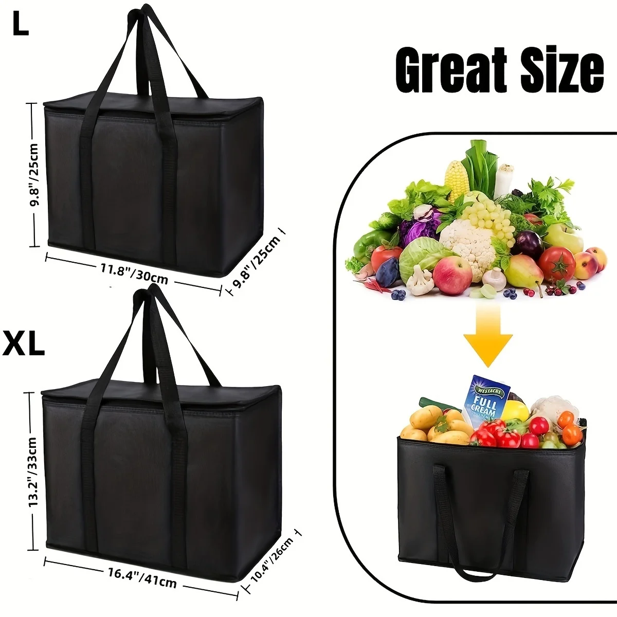Bolsa aislante XL/grande: mantiene los alimentos calientes y fríos durante las horas: bolsa de comestibles, bolsa refrigeradora suave, calentador de pizza, cremallera liviana y resistente - imagen 4