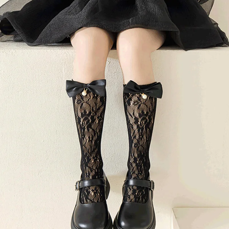 1 par de medias bonitas de encaje de malla con lazo para niñas, calcetines finos hasta la rodilla de verano para niñas Lolita - imagen 3