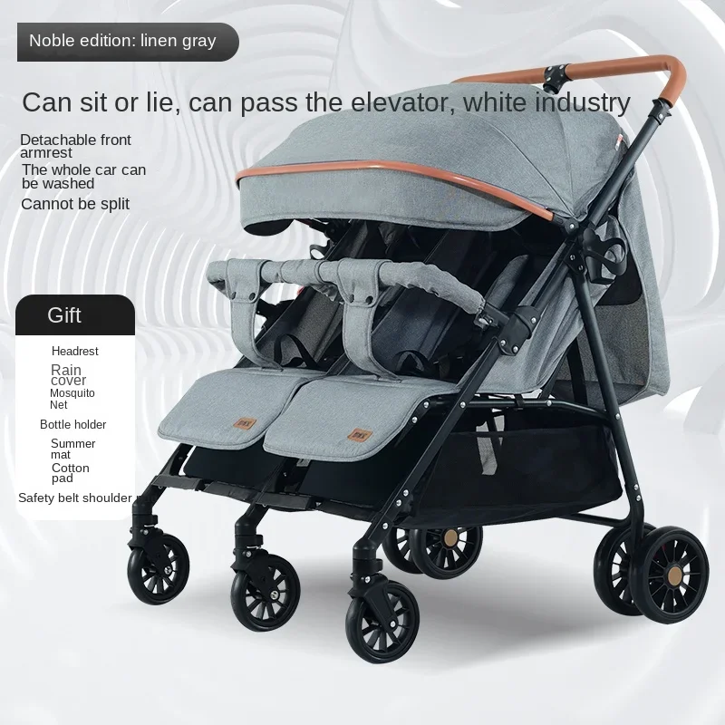 Cochecito plegable ligero para bebé gemelo, carrito con elevador, amortiguador, sentarse o acostarse, cochecitos dobles - imagen 4