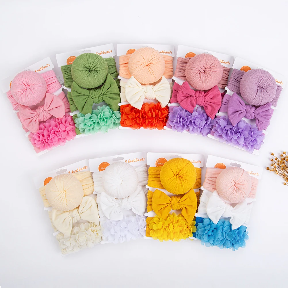 3 unids/set lindo Donut bebé turbante diademas gasa flor Hairbows Nylon Ealstic bandas para el cabello niñas recién nacidas diademas - imagen 5
