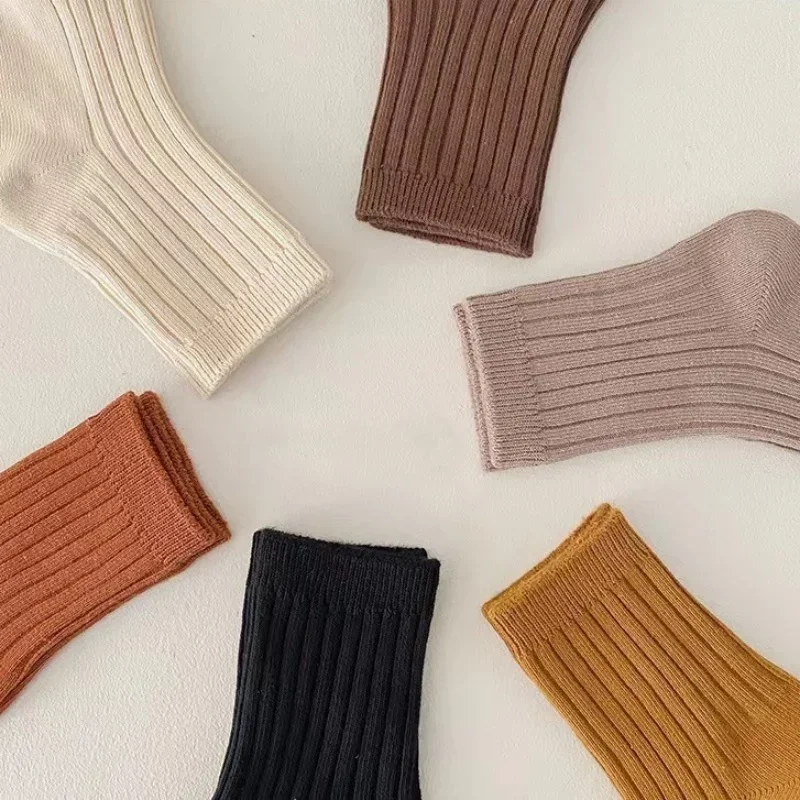 5 par/set moda deportiva niños calcetín hasta la pantorrilla para niño niña coreano Chic Beige Color café calcetín lindo otoño primavera calcetín de algodón suave - imagen 5