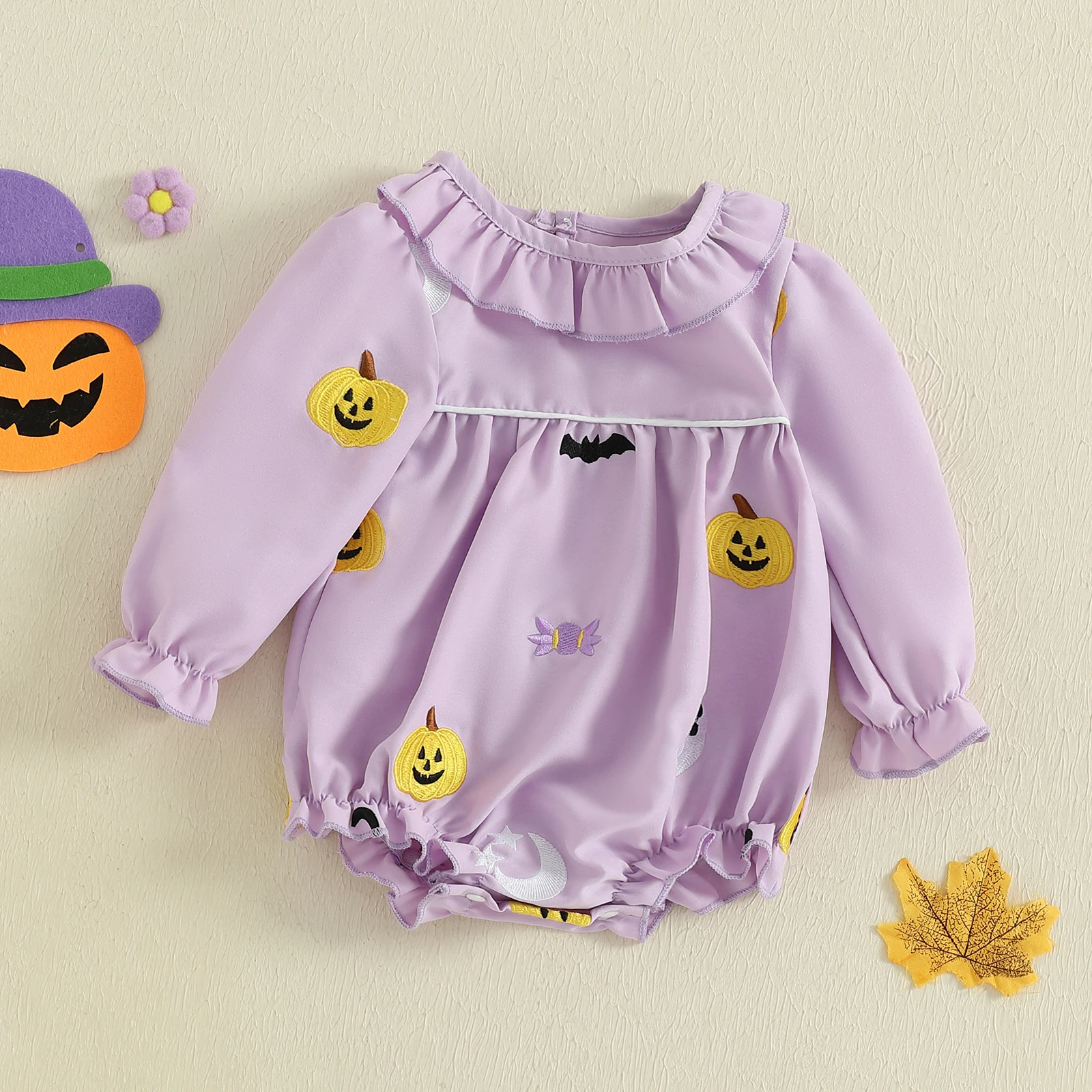 Pelele de Halloween para niña de 0 a 18 meses, mono de burbujas con cuello redondo y volantes de manga larga con bordado de calabaza fantasma - imagen 3