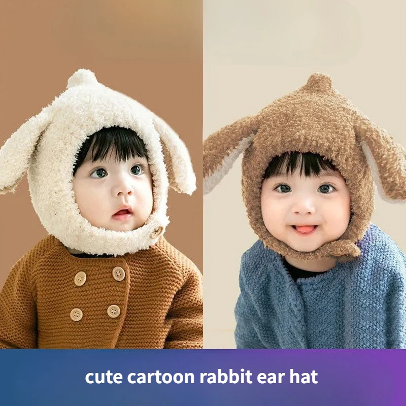 Gorro a prueba de viento para bebé, gorro con protección para los oídos de conejo de dibujos animados, gorro de felpa grueso y cálido para invierno, jersey para niños y niñas