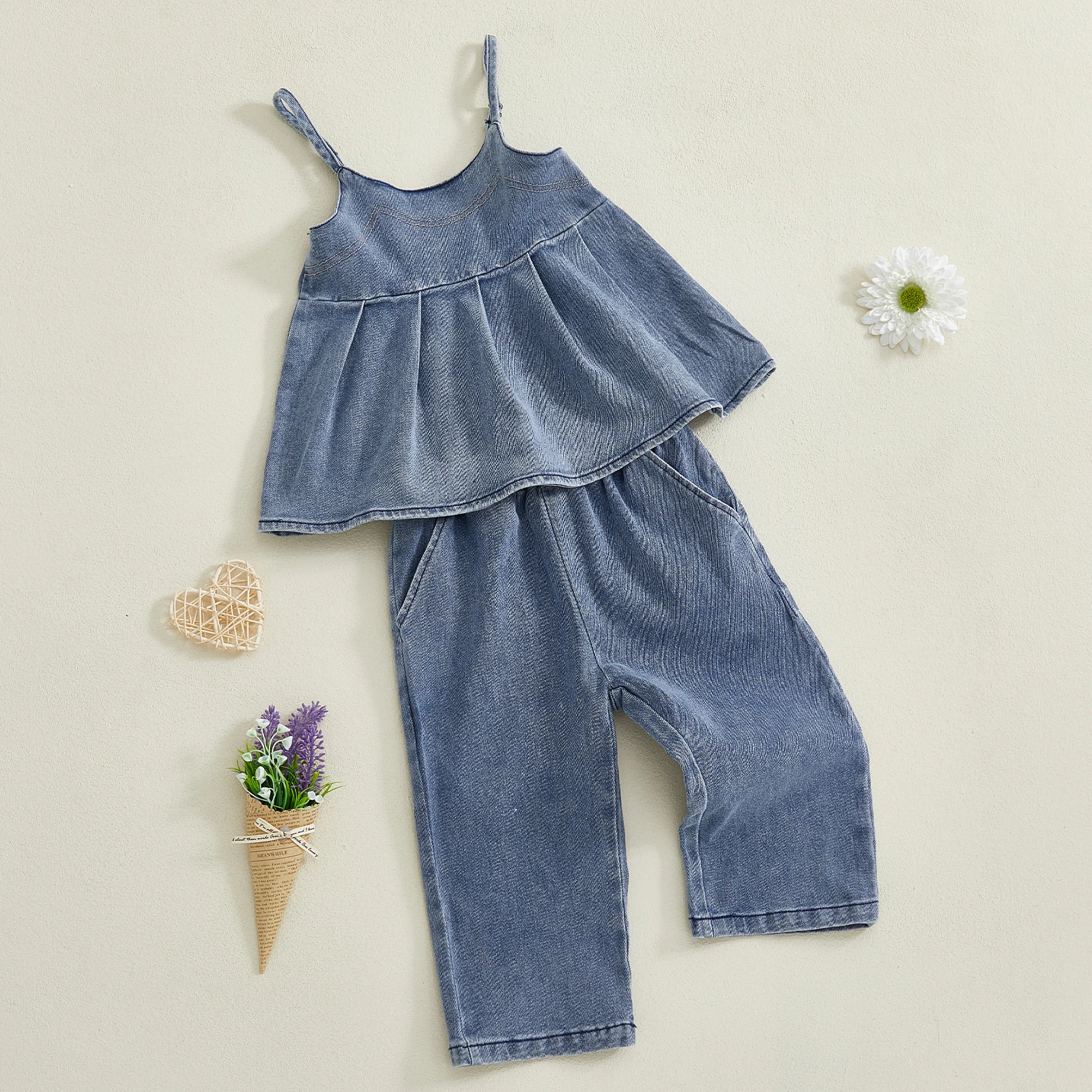 SUNSIOM Conjuntos de ropa para niñas de 1 a 5 años Sin mangas Color sólido Denim Cami Tank Tops Conjuntos de pantalones - imagen 2