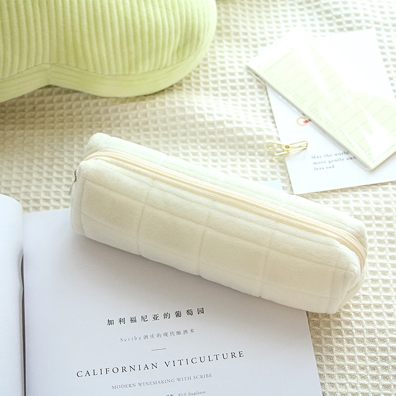 Bolsa de lápices de celosía de felpa, estuche de lápices Simple portátil con cremallera, caja de almacenamiento de papelería de gran capacidad, suministros escolares - imagen 4