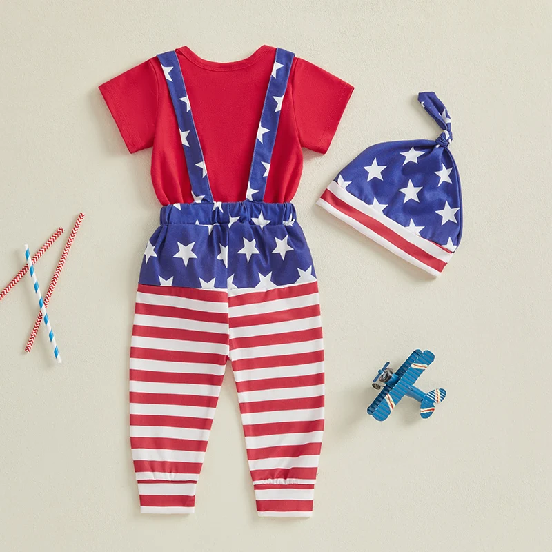 VISgogo Conjunto de verano de 3 piezas para bebé, niño, 4 de julio, con letras y estrellas, mameluco de manga corta, pantalones con tirantes, sombrero anudado - imagen 3