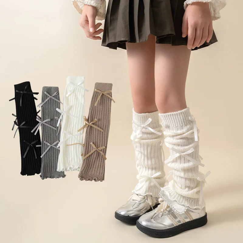Calentadores de piernas coreanos con lazo de encaje para niños, cubierta de pie tejida, estilo Lolita, calcetines de tubo elásticos sólidos para Otoño e Invierno