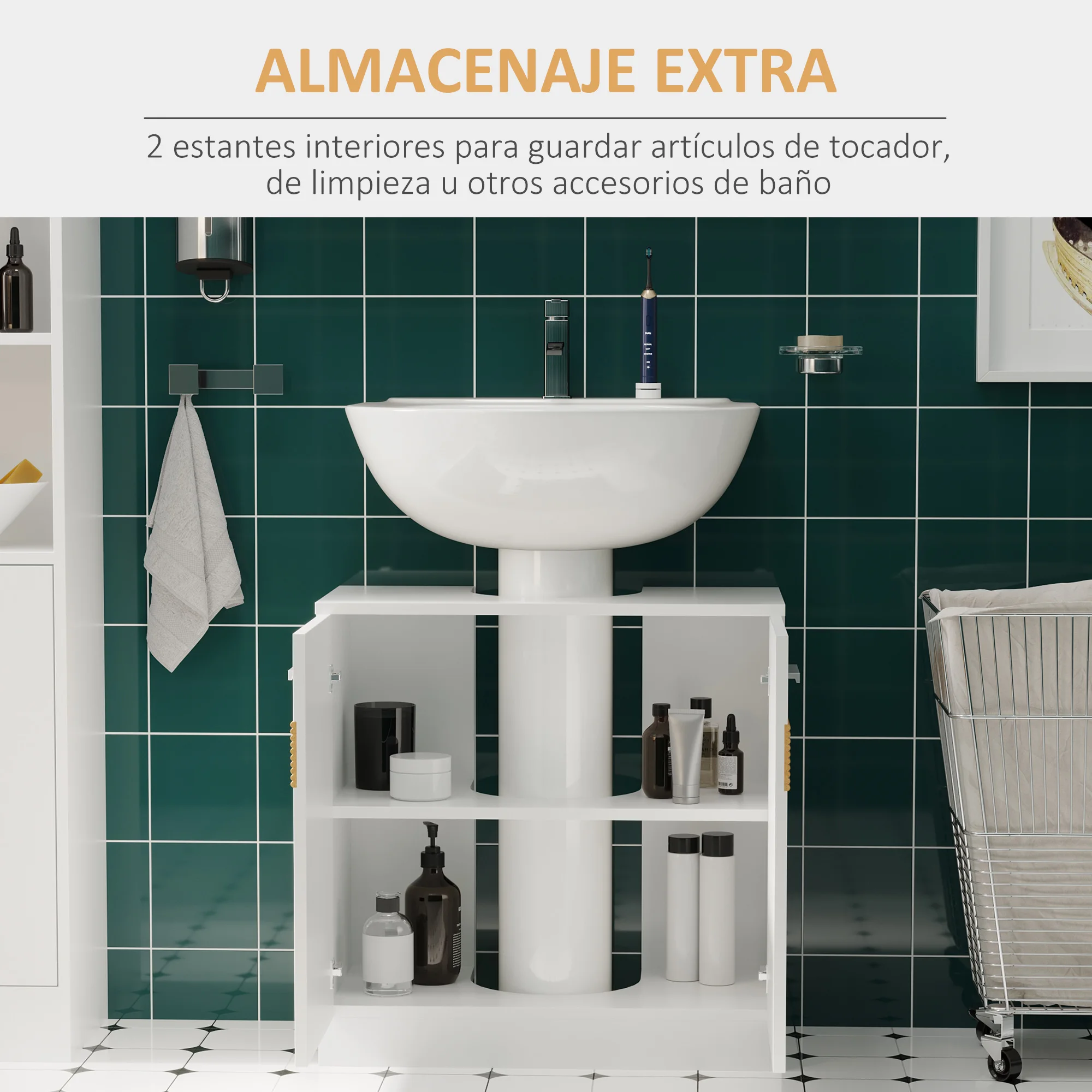 kleankin Mueble para Debajo del Lavabo Armario Baño de Suelo de Madera con 2 Puertas y Estante Interior Estilo Moderno 60x30x60,5 cm Blanco - imagen 4