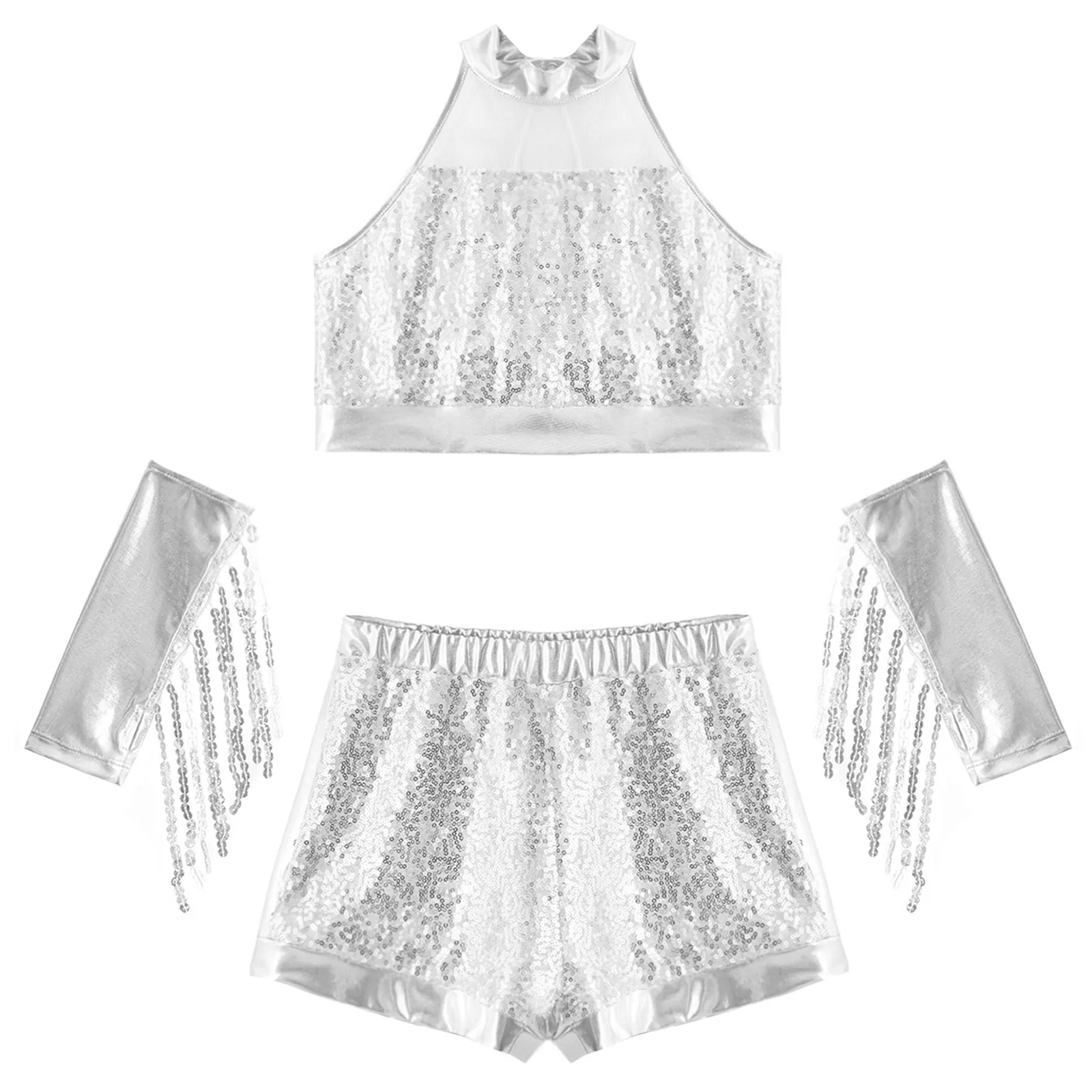 Traje jazz hip hop con lentejuelas metálicas y borlas para niña - imagen 2