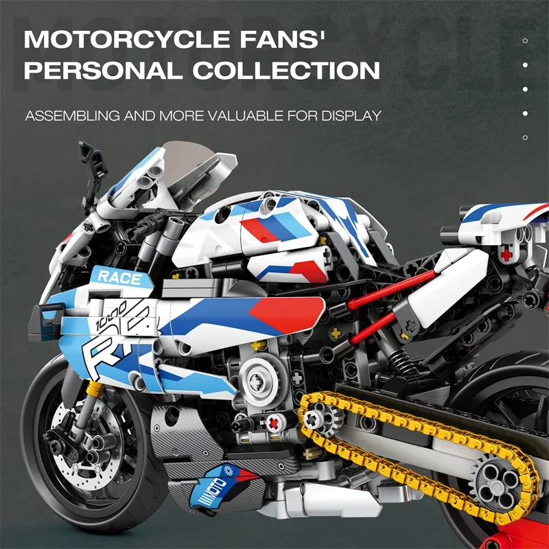 Bloques de construcción de súper motocicleta para niños, 949 Uds., con estante de estacionamiento, bloques de modelismo de carreras, adornos de exhibición de escritorio, regalos de juguete DIY - imagen 3