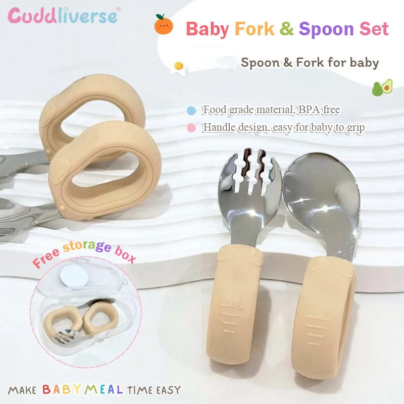 Mango de silicona de acero inoxidable 304, tenedor de entrenamiento para niños y cuchara, leamning para comer, cuchara creativa para codo, complementar para bebés - imagen 5