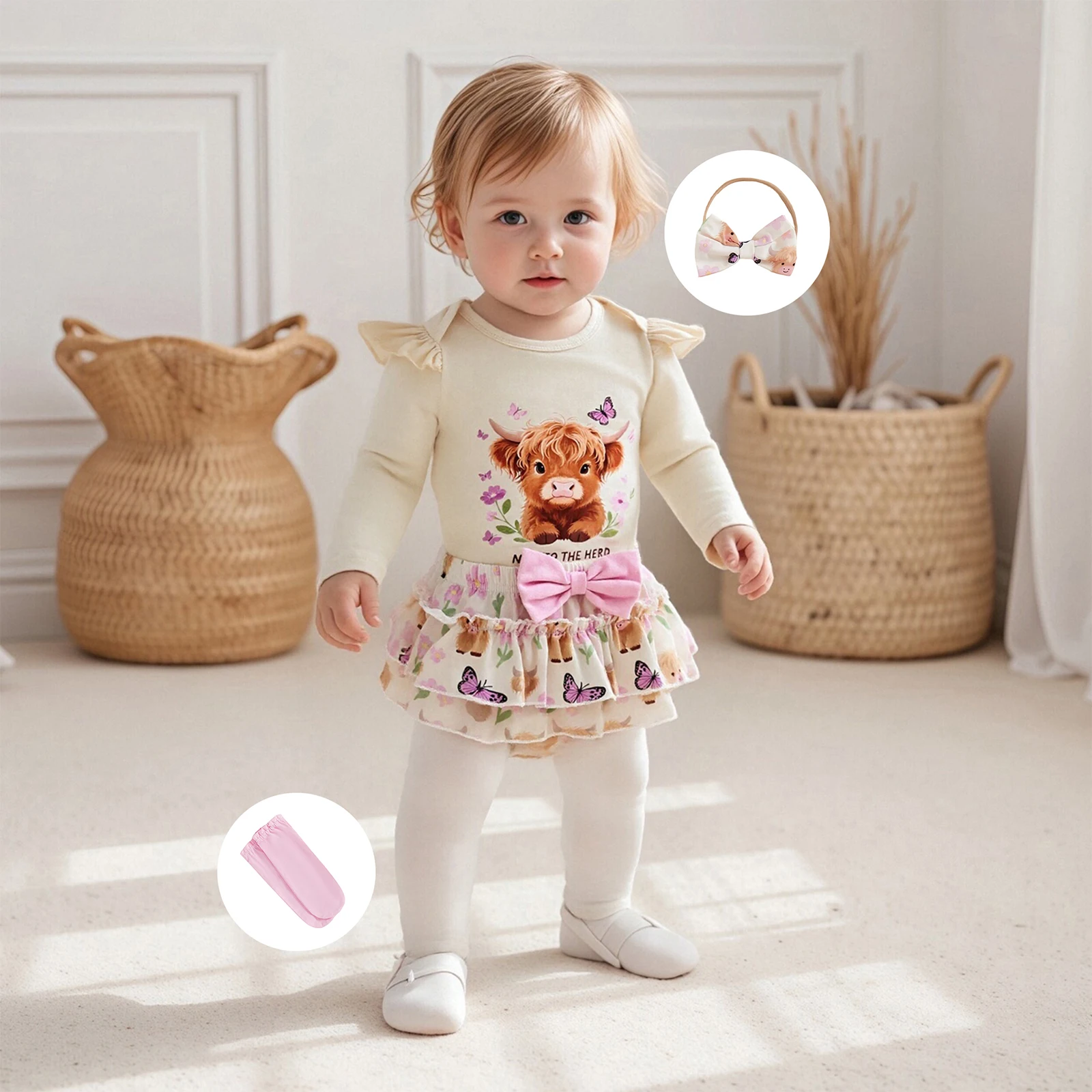 Suefunskry Conjunto de mameluco de manga larga con estampado de ganado de las tierras altas para niña, minifalda con volantes en capas, medias y diadema con lazo - imagen 4