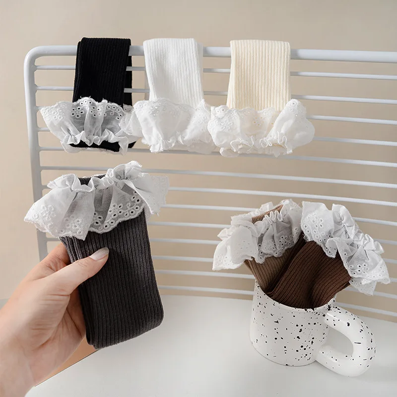 Calcetines hasta la rodilla para niñas, calcetines largos sueltos de princesa con volantes de encaje de algodón suave para niñas, calcetines de tubo medio tejidos para niñas lindas - imagen 4