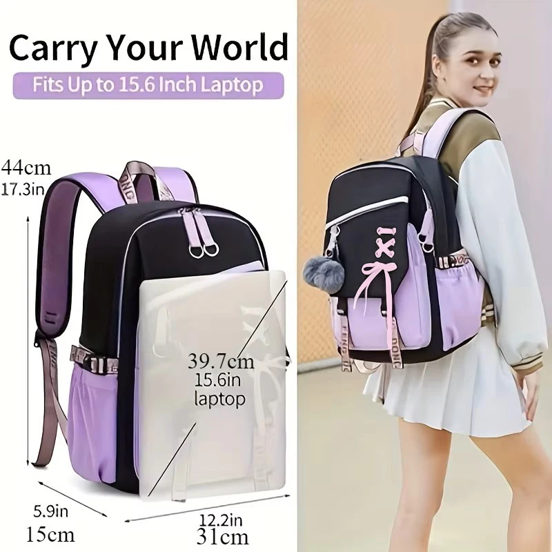 Mochila escolar de gran capacidad con bonito colgante de felpa, mochila bonita para niñas, mochila de tela de nailon impermeable para niños, adolescentes y estudiantes - imagen 2