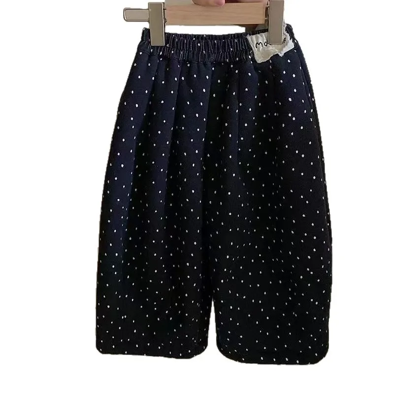 Pantalones coreanos de pierna ancha para niña de invierno 2025, lunares, forro polar grueso, cálido, agradable para la piel, elegante y versátil para uso diario - imagen 3