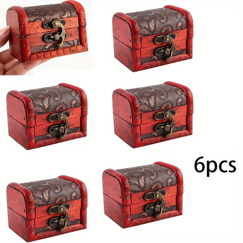 Cajas de joyería de madera Vintage con cerradura, diseño de cofre de Tesoro para anillos, recuerdos pequeños, rojo, negro, apilable, hecho a mano, 6 uds. ﻿ - imagen 3