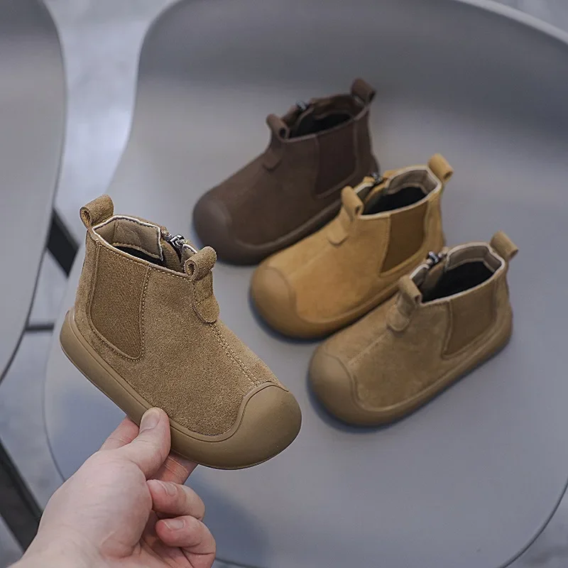 Botas de cuero genuino para niños y niñas, zapatos antideslizantes de suela suave, ante de vaca, para exteriores, Otoño e Invierno