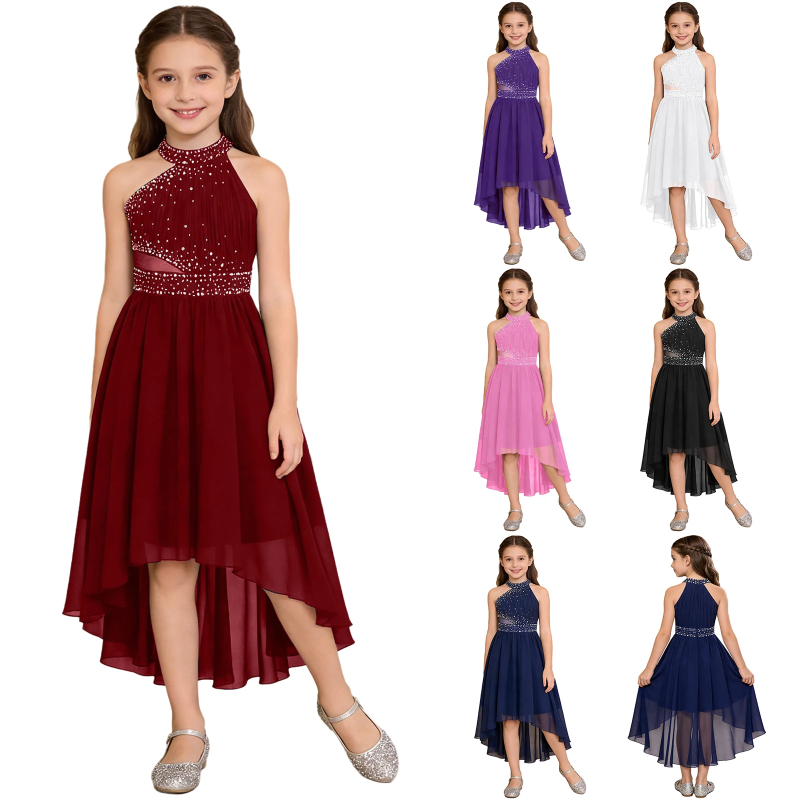 Vestido de dama de honor sin mangas con pedrería y gasa asimétrica - imagen 3