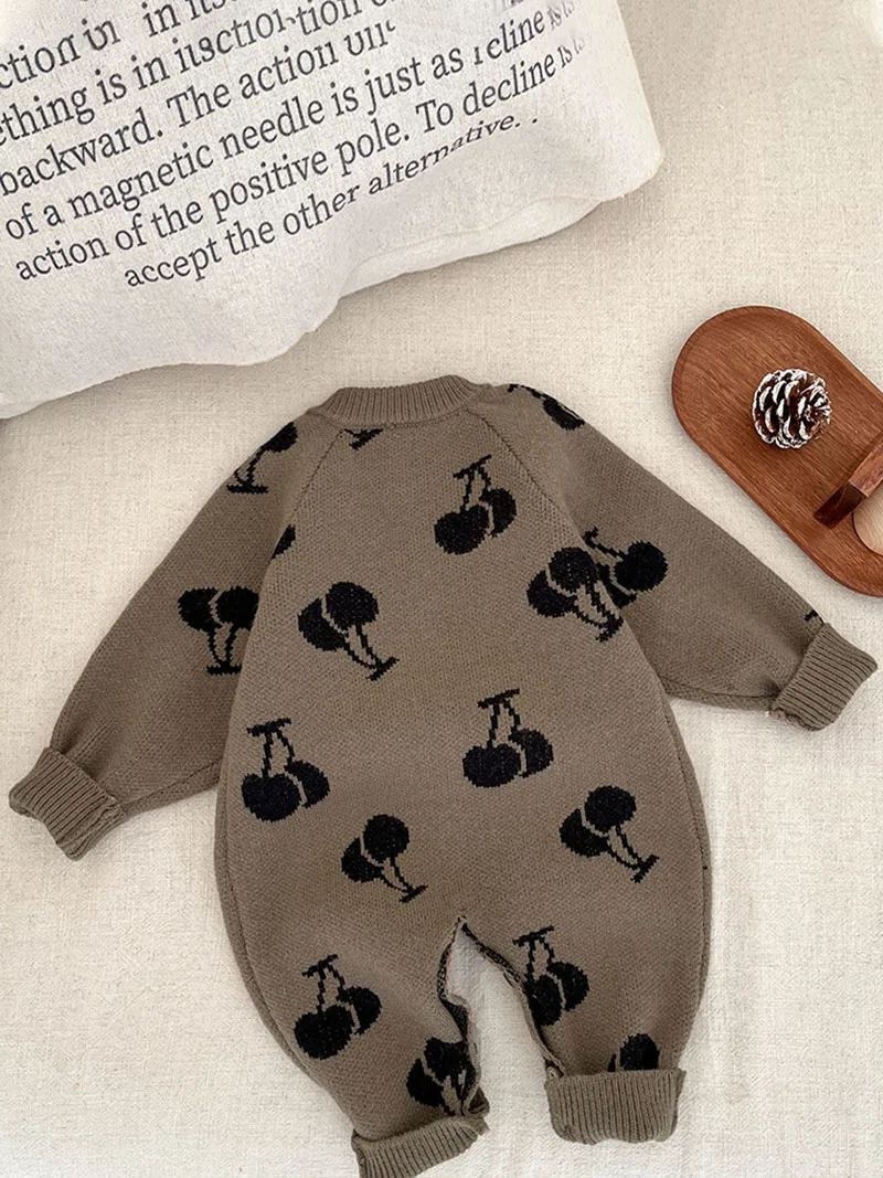 MILANCEL nuevo otoño peleles de bebé 0-3T lindo tejido cereza niñas mono de una sola botonadura dulce suelto infantil de una pieza - imagen 2