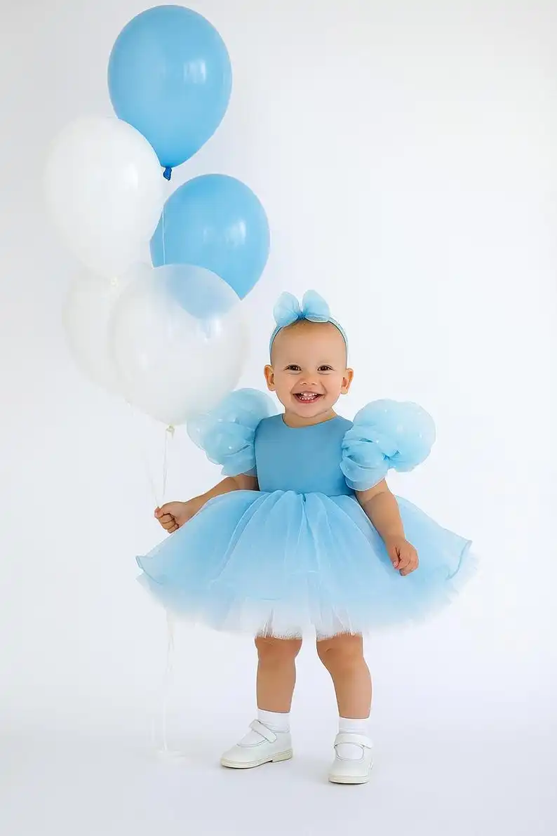 Vestido de bebé de organza azul hecho a mano, traje de cumpleaños con manga de cristal hinchada, princesa personalizada para niña - imagen 2