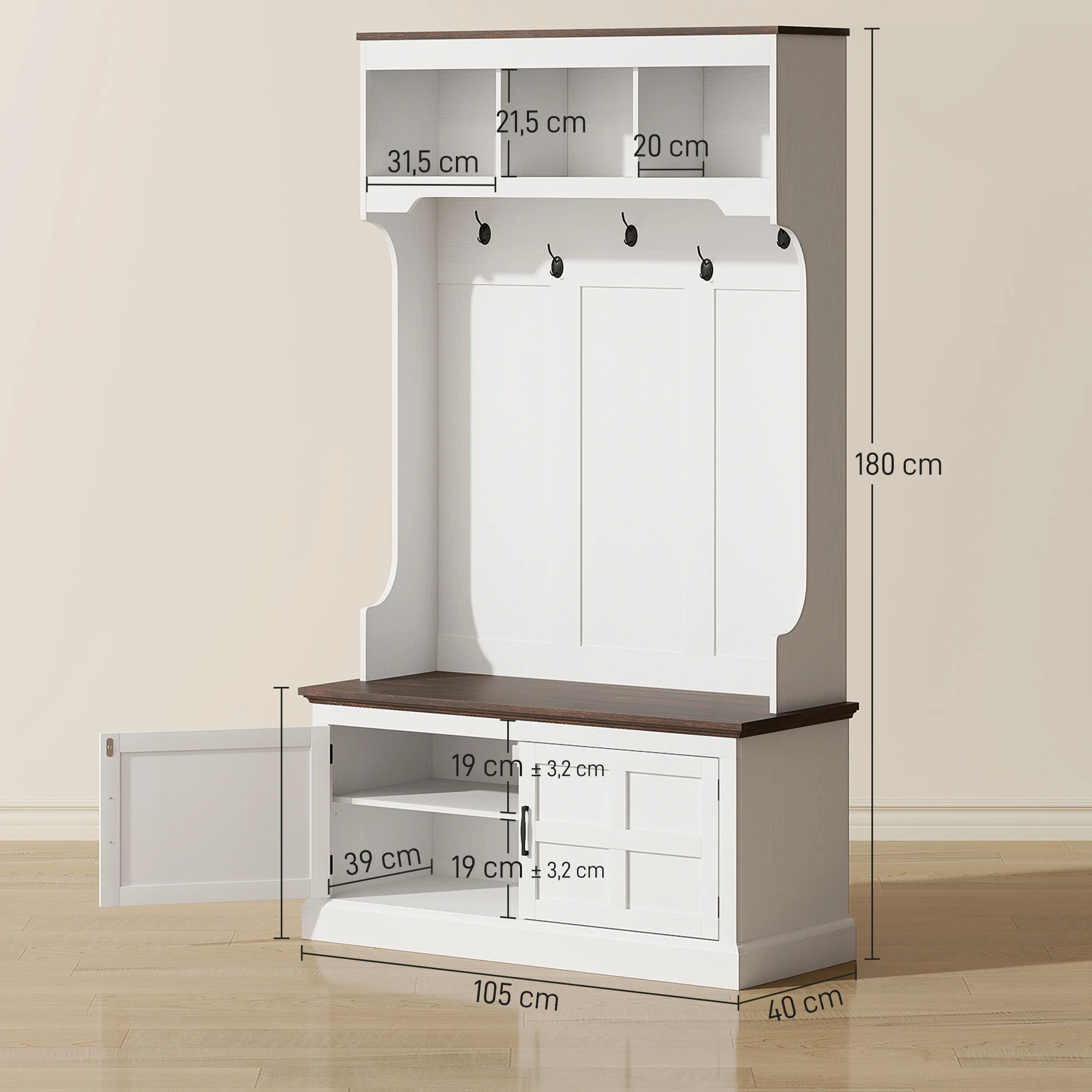 HOMCOM Perchero Zapatero, Perchero para Entrada Recibidor con Banco Zapatero, 2 Puertas, 5 Ganchos y 3 Estantes Superiores, Estilo Rústico para Salón Dormitorio Pasillo, 105x40x180 cm, Blanco - imagen 2
